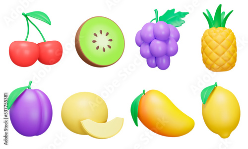 Fruit 3d icon set. Cherry  kiwi  grape  pineapple  plum  melon  mango  lemon. Various fruits. Isolated icons  objects on a transparent background