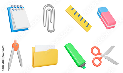 Stationery 3d icon set. Writing materials, office supplies. Notebook, paper clip, eraser, compass, folder, highlighter, scissors and ruler. Isolated icons, objects on a transparent background