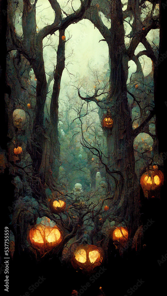 Forest at Halloween, Halloween and the deserted forest, The Fantastic Background of Halloween Forest at Halloween, Halloween and the deserted forest, The Fantastic Background of Halloween