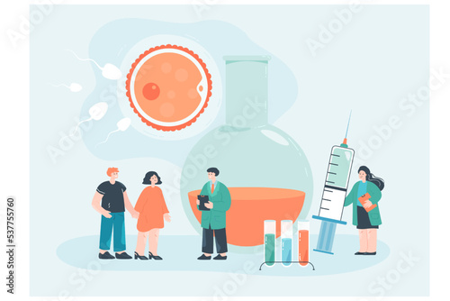Artificial insemination, infertility treatment of couple people. Tiny husband and wife on fertilization procedure in medical clinic flat vector illustration. Pregnancy, gynecology, IVF concept