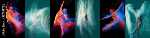 Mixed light, blurring effect. Graceful male and female ballet dancers flying and jumping over black and blue background. Concept of art, beauty, aspiration, creativity.