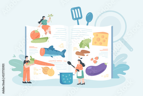 Chefs cooking food, using recipe book. Tiny people standing near cookbook, holding fresh ingredients for meals in restaurant menu flat vector illustration. Healthy diet and nutrition, culinary concept