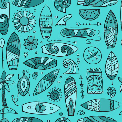Surf boards collection, surfing time. Hawaii seamless pattern design for fabr...
