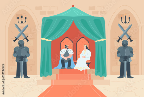 King and queen on throne in palace flat vector illustration. Knights standing with swords and guarding head of kingdom in castle. Room interior, medieval people concept