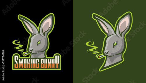 Smoking bunny mascot logo design, cigarette smoke, cool grey rabbit vector, cigar store cartoon, modern badge, esports, cigarette store illustration set, vaping rabbit, streamer icons, isolated