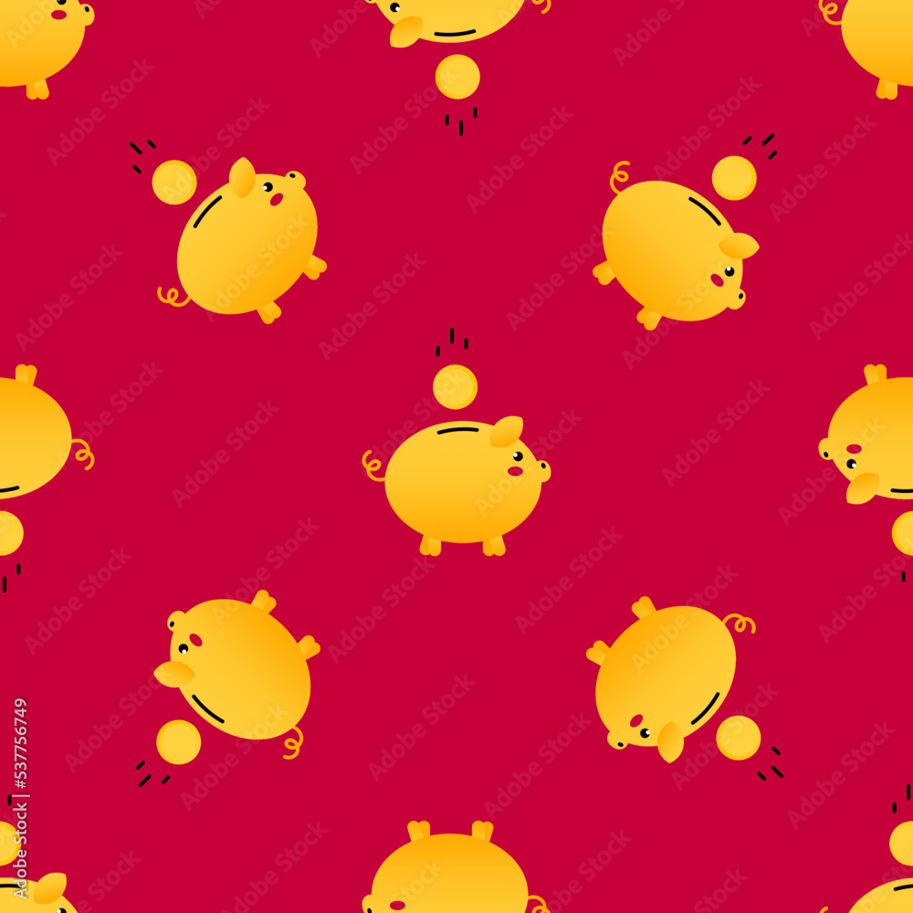 Golden piggy bank with coin on red vector seamless pattern background for wealth, income, money design.
Golden piggy bank with coin on red vector seamless pattern background for wealth, income, money design.