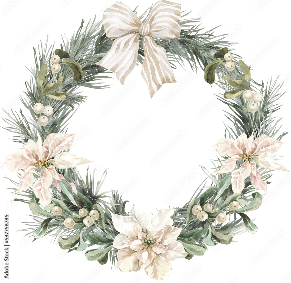 Fototapeta premium Festive Watercolor Christmas Poisentia New Year Tree Winter Wreath Frame Arrangement 