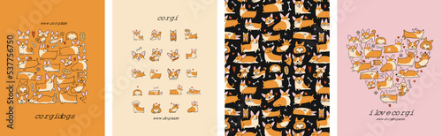 Corgi dogs collection. Frame, pattern, icons, heart shape. Set of hand drawn concept art for your design project - cards, banners, poster, web, print, social media, promotional materials. Vector