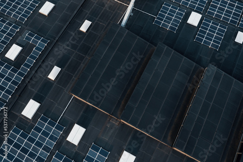 Aerial view of a photovoltaic system  for sustainable energy and against climate change