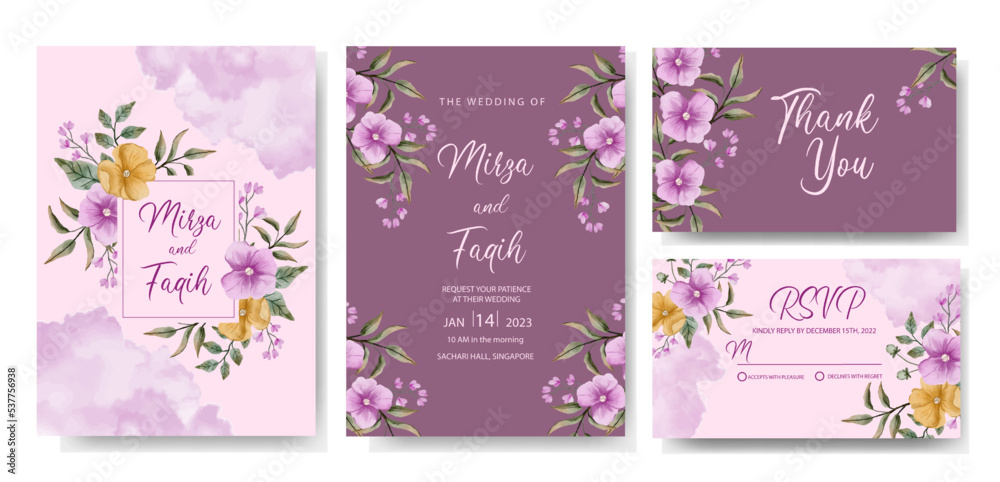 An elegant wedding invitation template with purple watercolor flower decoration