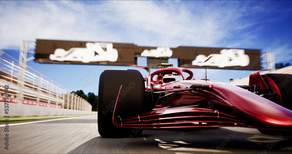 Speeding Sports Red Car Drive Race Along the Track to the Finish Line. Dynamic Front View Camera. Speed and Sport Concept. 3D Rendering