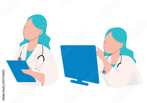 Female doctor with stethoscope looking at her laptop, flat vector illustration.