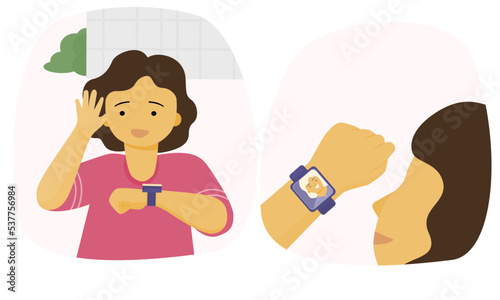A girl talking with her mom through the smart watch and mobile app. Illustration flat vector.