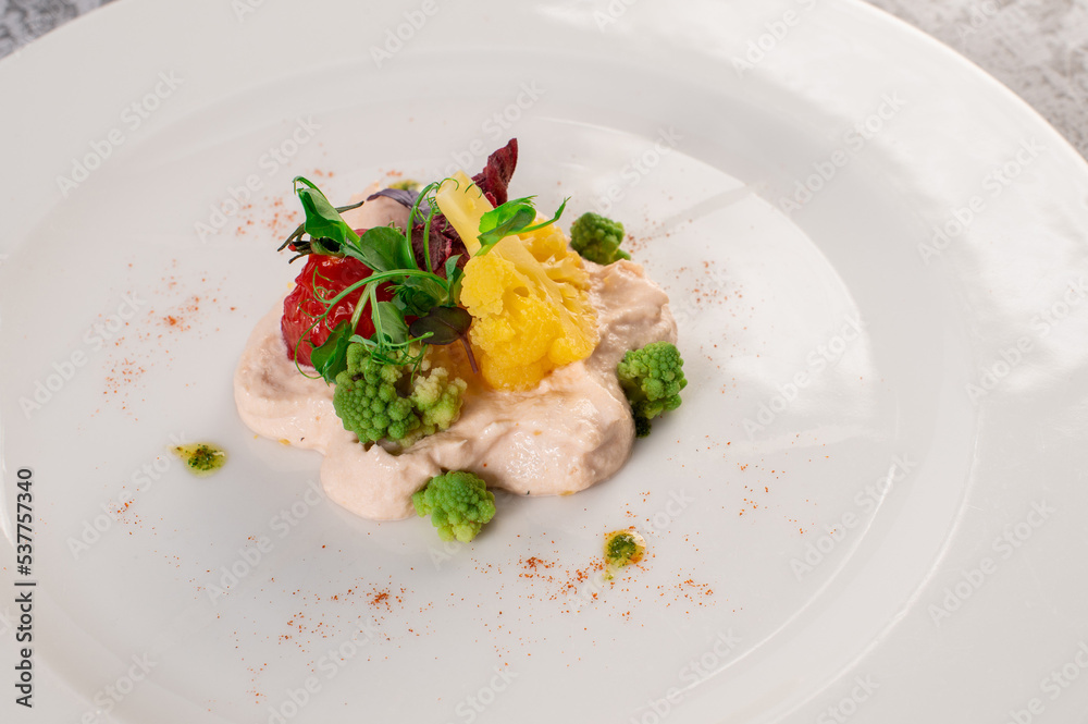 Potatoe puree with vegetables and herbs. Vegan cuisine. Detox menu Potatoe puree with vegetables and herbs. Vegan cuisine. Detox menu