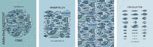 Concept Art set, fishes family, vintage ornament. Frame, background, icons. Set for your design project - cards, banners, poster, web, print, social media, promotional materials. Vector illustration