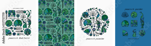 Concept Art, Peacocks Vintage Ornament. Frame, background, tree, icons. Set for your design project - cards, banners, poster, web, print, social media, promotional materials. Vector illustration