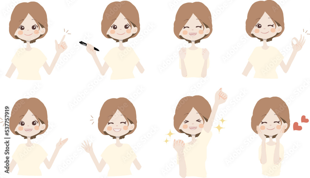 【おすすめ、ペン持ち、ガッツ、OK、どうぞ、手振る、美味しい】表情とポーズのバリエーションセット 【おすすめ、ペン持ち、ガッツ、OK、どうぞ、手振る、美味しい】表情とポーズのバリエーションセット