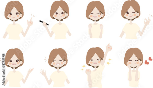 【おすすめ、ペン持ち、ガッツ、OK、どうぞ、手振る、美味しい】表情とポーズのバリエーションセット