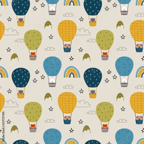 Animals fly in air balloon. Seamless pattern for children room. Endless background for printing on fabric and wrapping paper. Cute baby illustration.