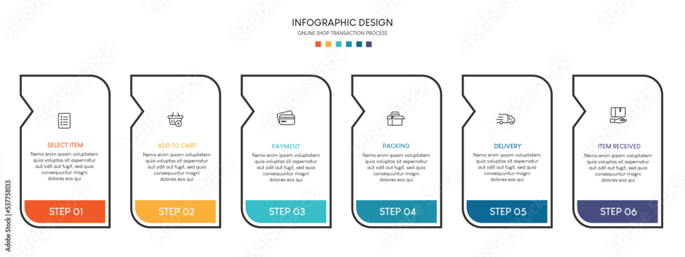 Process of online shopping with 6 steps. Steps business timeline process infographic template Process of online shopping with 6 steps. Steps business timeline process infographic template