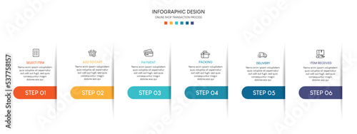 Process of online shopping with 6 steps. Steps business timeline process infographic template