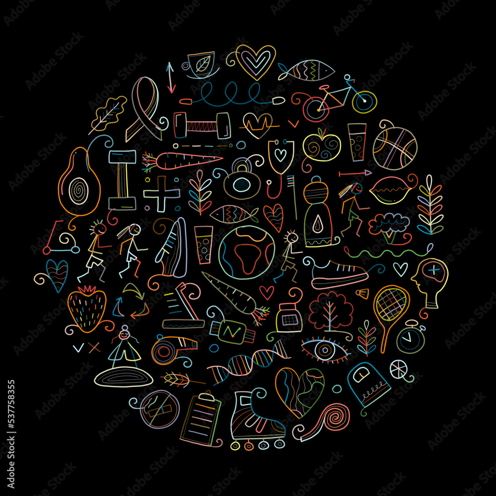 World health day. Concept art with healty lifestyle desing elements, icons set. Black background. Vector illustration World health day. Concept art with healty lifestyle desing elements, icons set. Black background. Vector illustration