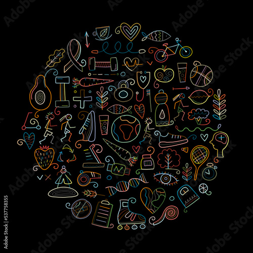 World health day. Concept art with healty lifestyle desing elements, icons set. Black background. Vector illustration