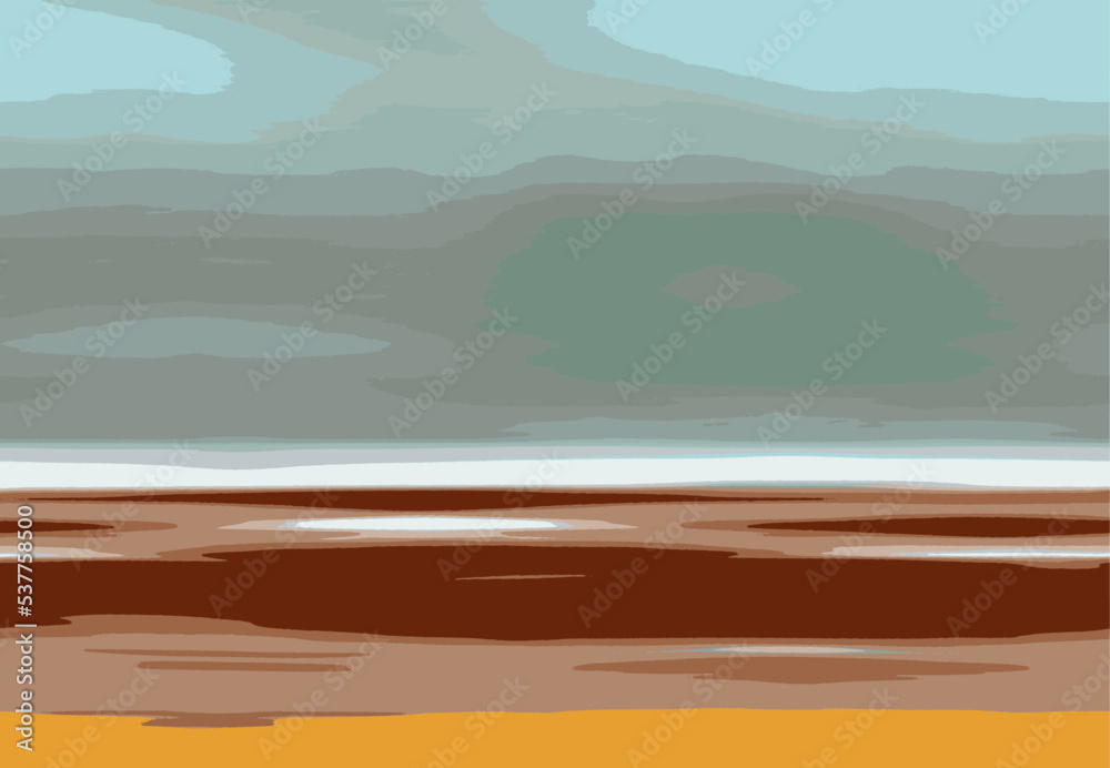 Illustration abstraite d'art paysager avec plage, ciel, nuages et océan Vecteur - Couleur bleu, gris et vert