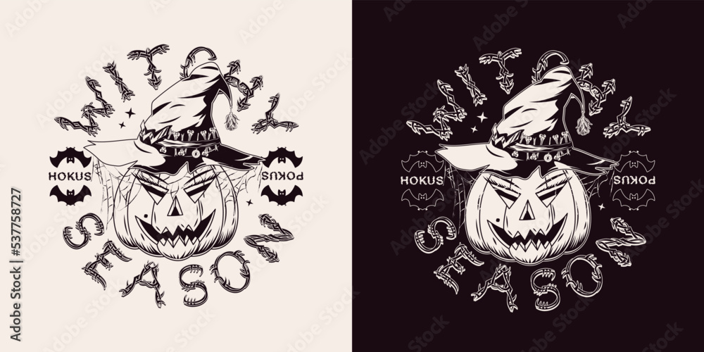 Halloween emblem with pumpkin like as a female face, hat with cobwebby veil, text Witchy Season, silhouette of bat. Monchrome illustration in vintage style. Halloween emblem with pumpkin like as a female face, hat with cobwebby veil, text Witchy Season, silhouette of bat. Monchrome illustration in vintage style.