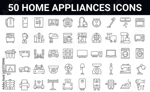 Set of 50 editable stroke home appliances line icons. Electronic equipment, cooking, cleaning, entertainment, body care. outline symbol collection.