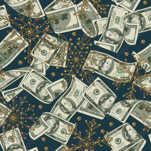 Money seamless pattern with one hundred US dollar bills, snowflakes made of jewelry gold chains on a dark turquoise background. Falling, folded, twisted, flying dollar banknotes