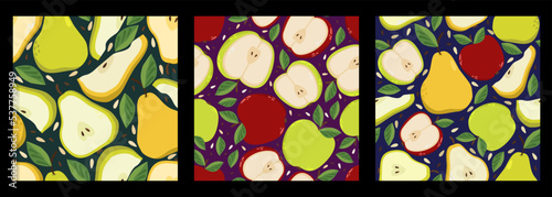 Vector set of three seamless patterns with colorful apples and pears. Autumnal concept.