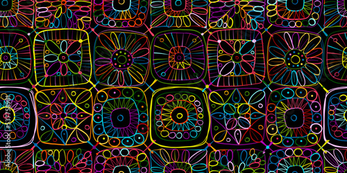Granny square crochet. Seamless pattern background. Knitted wear. Folk art motif with flowers. Vector illustration