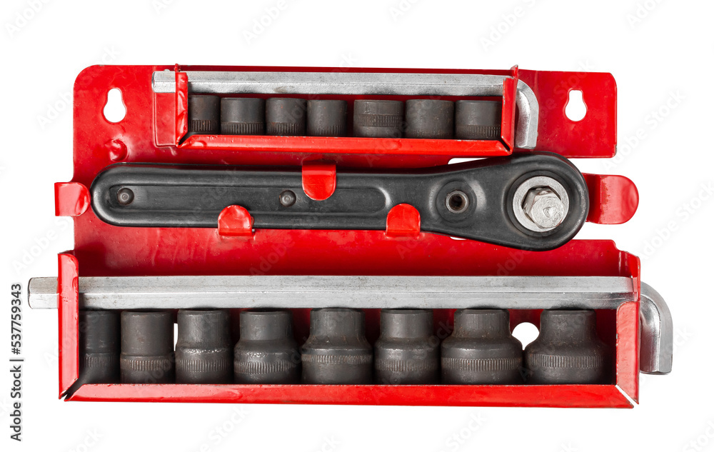 Socket wrench set isolated on white background. Socket wrench kit close-up. Socket wrench set isolated on white background. Socket wrench kit close-up.
