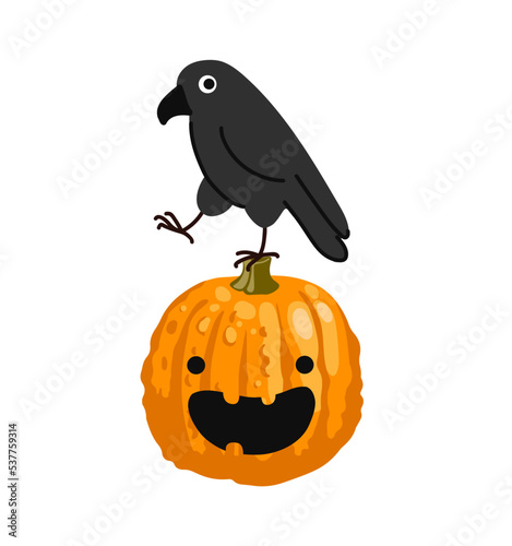 Funny black crow on halloween pumpkin cartoon character. Raven bird. Hand drawn vector illustration.