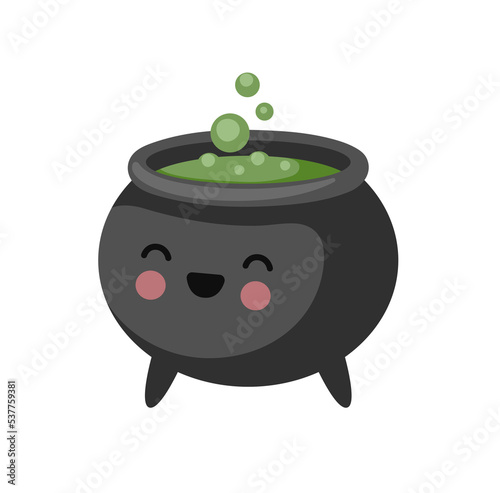 Cute cauldron cartoon character with magic potion. Halloween element. Hand drawn flat vector illustration.