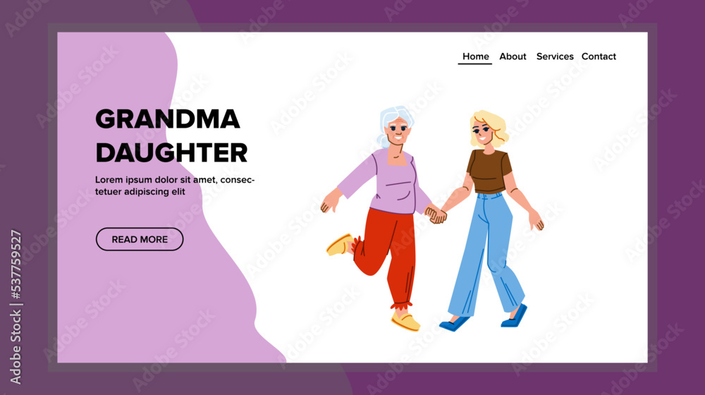 grandma daughter vector. happy old senior, generation daughter, adult woman, home together, portrait granddaughter, female grandma daughter web flat cartoon illustration grandma daughter vector. happy old senior, generation daughter, adult woman, home together, portrait granddaughter, female grandma daughter web flat cartoon illustration