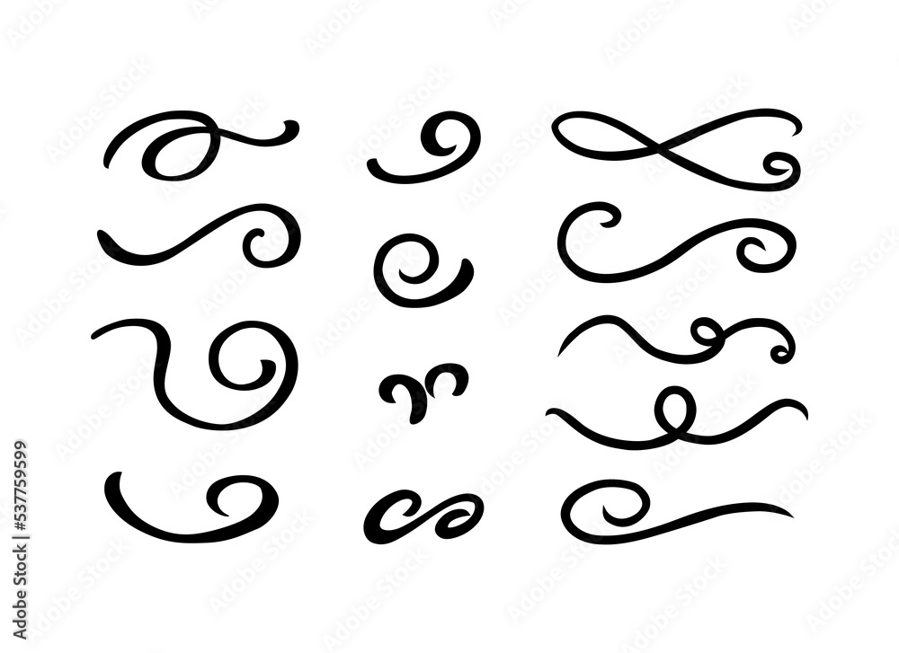 Curly swishes, swashes, swoops hand drawn collection. Calligraphy swirl. Highlight text elements. Vector illustration set. Curly swishes, swashes, swoops hand drawn collection. Calligraphy swirl. Highlight text elements. Vector illustration set.
