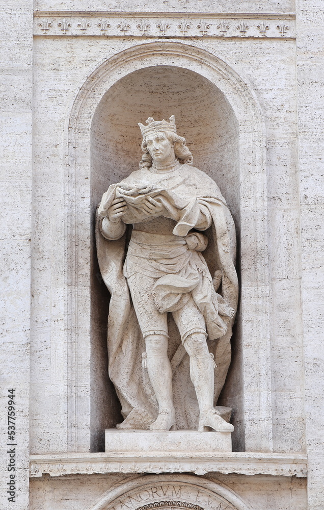 San Luigi dei Francesi Church Facade Detail with Statue of Saint Louis in Rome, Italy
