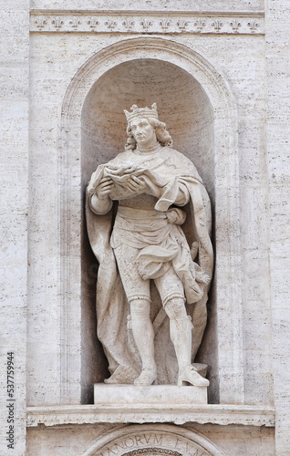 San Luigi dei Francesi Church Facade Detail with Statue of Saint Louis in Rome, Italy © Monica