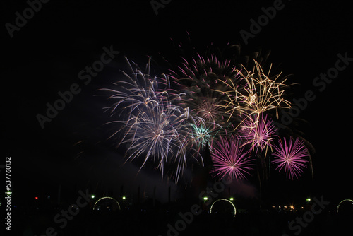 Multicolored fireworks in the dark sky  city day celebration.