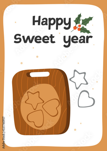 Process of cooking gingerbread. Cute card with Christmas food. Preparing ginger cookies. Top view. Vector illustration.	