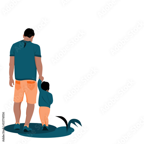 Back View Illustration of a young father holding his son are walking together. Backside of one Dad with one child holding hands and walking together Vector flat design style concept for Father‚Äôs Day.