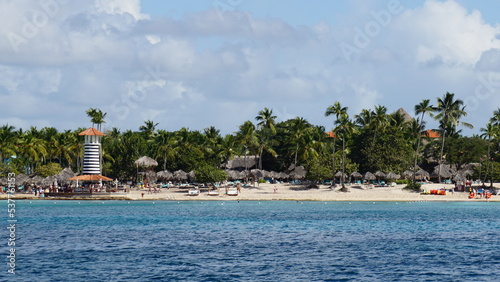 the beach view from the water between Playa Dominicus close to Bayahibe and Isla Saona in the Dominican Republic in the month of February 2022