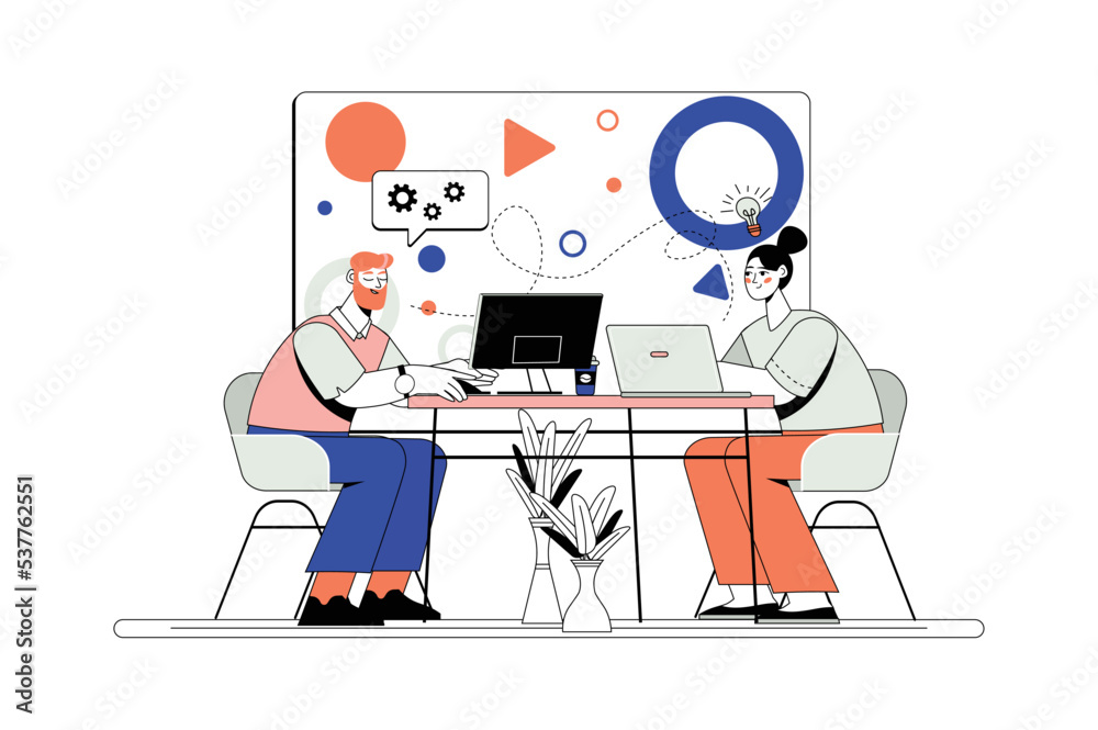 Programming line concept with people scene in the flat cartoon style. Two programmer are working on the development of new programs. Vector illustration.