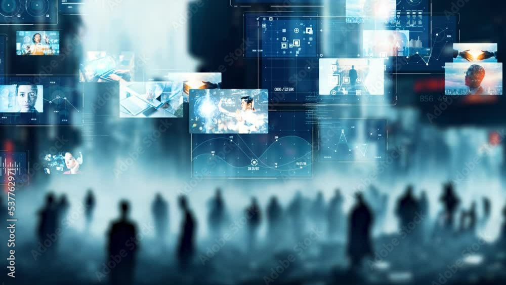 Group of people in futuristic city and video contents concept. Virtual reality. Metaverse.