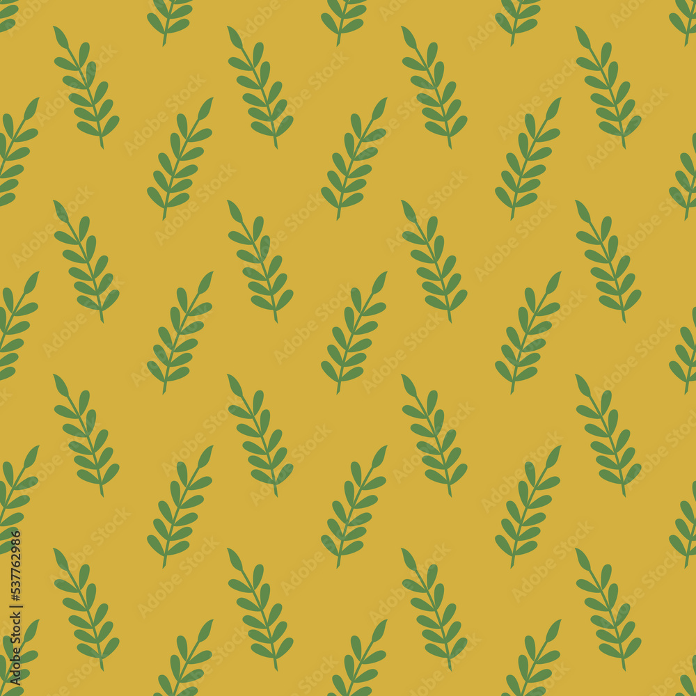 Green leaf seamless vector pattern isolated on yellow backdrop.Design for use backdrop all over textile fabric print wrapping paper and others. Green leaf seamless vector pattern isolated on yellow backdrop.Design for use backdrop all over textile fabric print wrapping paper and others.