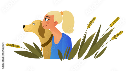 Illustration, a girl with blond hair and a dog.