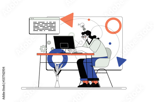 Line concept Coding with people scene in the flat cartoon style. Programmer writes code for an Internet site using a programming language. Vector illustration.