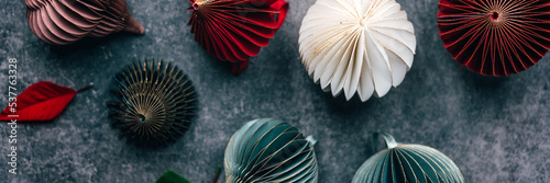 Trendy decorative paper Christmas tree baubles, DIY project, Organic Modern Design, Hanging Festive Honeycomb Foldable 3D balls, minimalist and plastic free, banner size